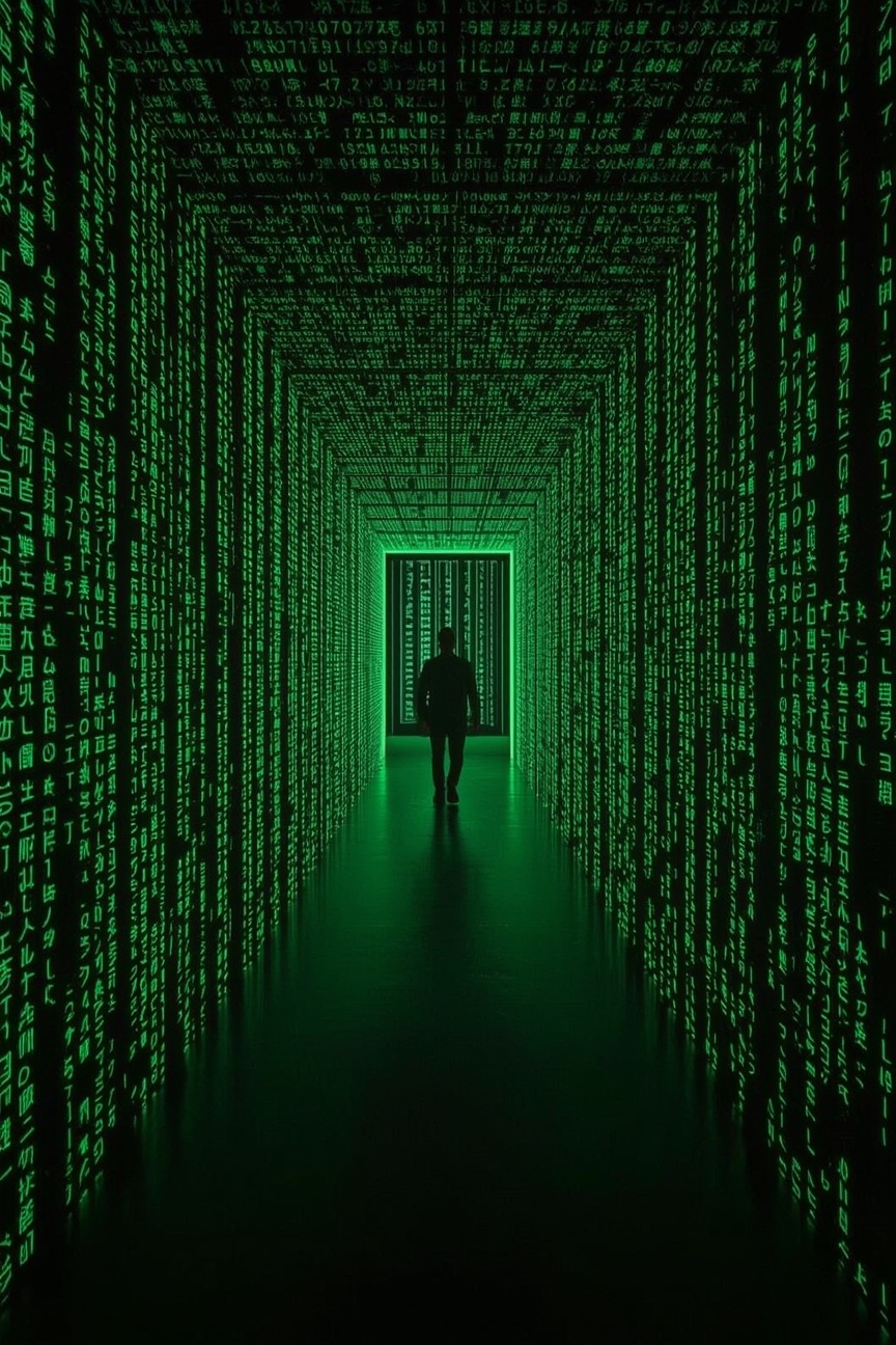 Una figura cammina in un corridoio di codice verde verso una porta luminosa