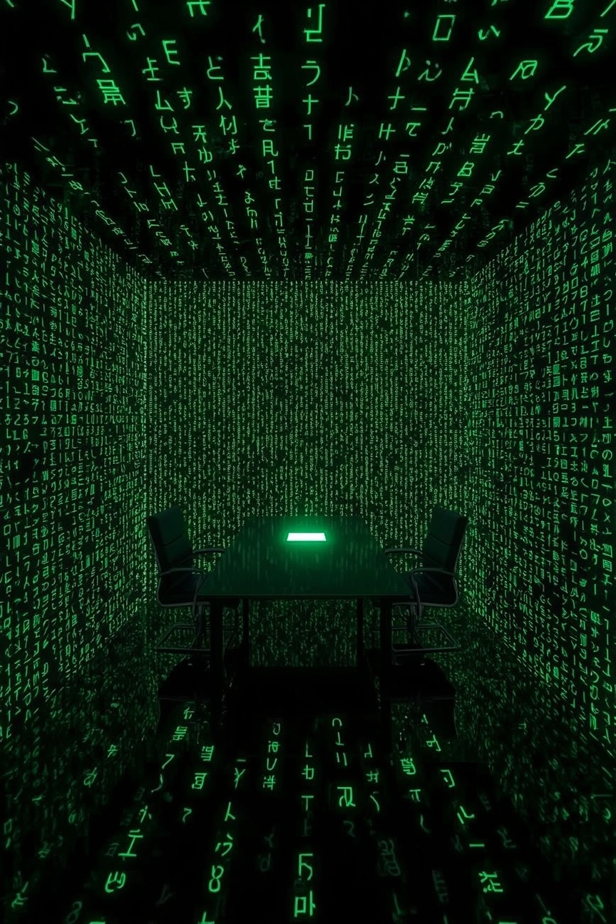 Una sala riunioni con pareti di codice verde, un tavolo e un foglio luminoso al centro
