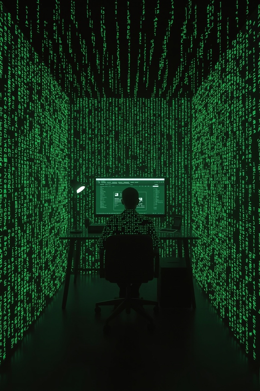 Una persona al computer in una stanza fatta di codice verde