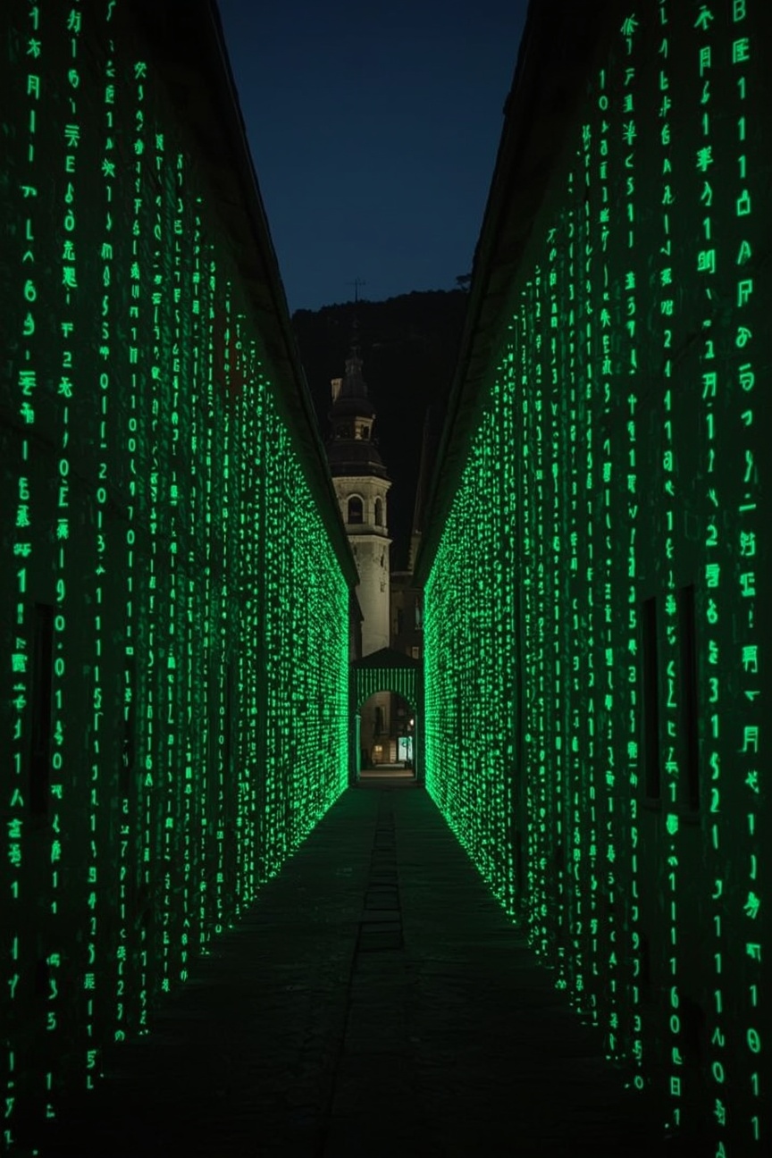 Un vicolo di paese alpino con i muri fatti di codice verde e il campanile in fondo