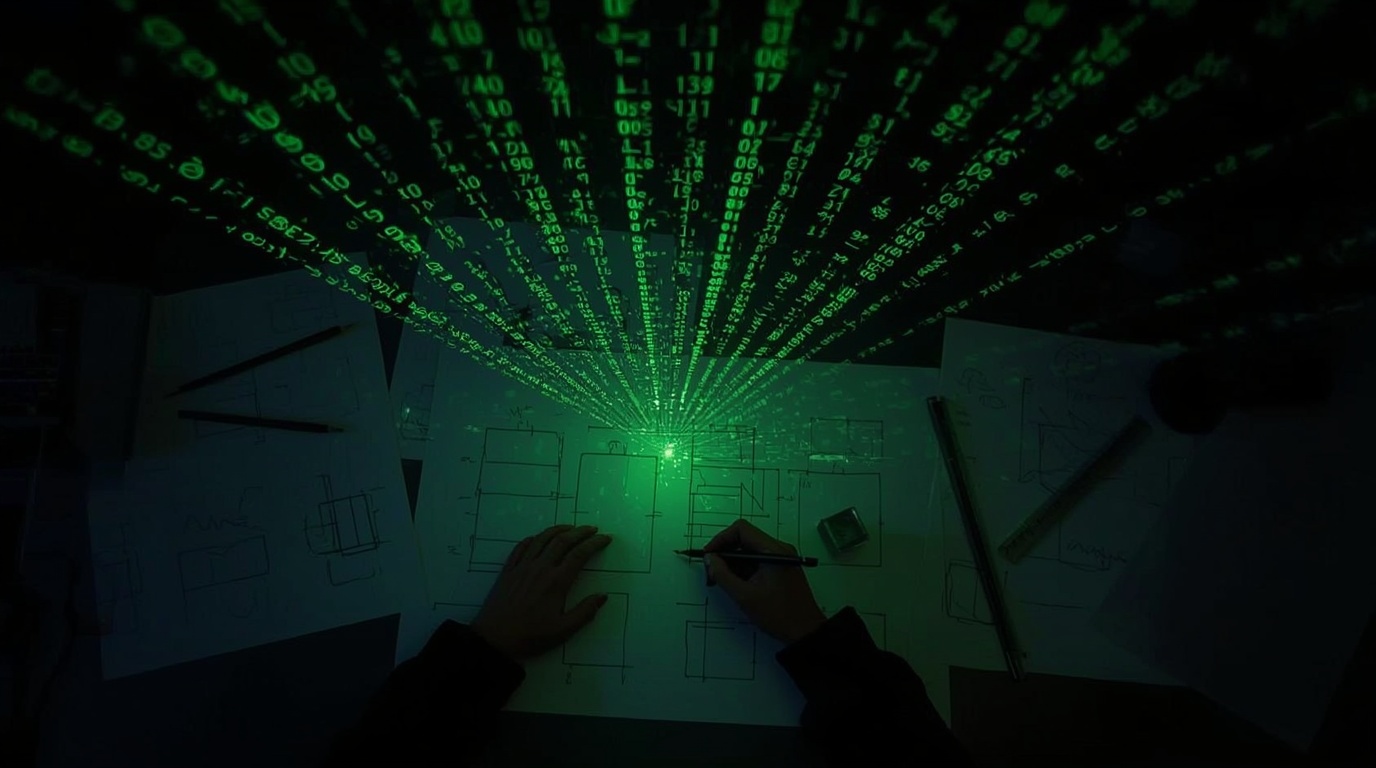 Mani che disegnano wireframe a matita, investite da un fascio di codice verde