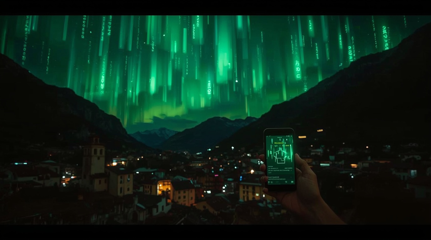 Un paese alpino di notte sotto un’aurora di codice verde, un telefono mostra un sito